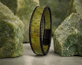 Mens Bracelet: Jade Leather Braided Design, Handmade Statement Gemstone Bracelet
