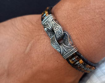 Tiger Eye Bracelet for Men – Handmade 925 Silver Beaded Natural Stone Jewelry
