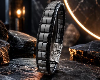 Hematite Bracelet for Men Handmade Natural Stone Jewelry Steel Clasp Gift for Him