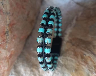 Turquoise Hematite Double Strand Bracelet for Men - Handmade Natural Stone Minimalist Jewelry