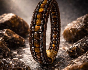 Tiger Eye Hematite Bracelet for Men Handmade Leather Bracelet with Brass Clasp Gift