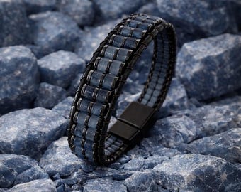 Blue Aventurine Mens Bracelet – Natural Stone Leather Bracelet Gift for Him