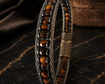 Tiger Eye Hematite Bracelet for Men Handmade Natural Stone Jewelry Gift Stainless Clasp Daily
