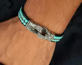Turquoise Hematite Bracelet with 925 Sterling Silver, Handmade Men's Jewelry