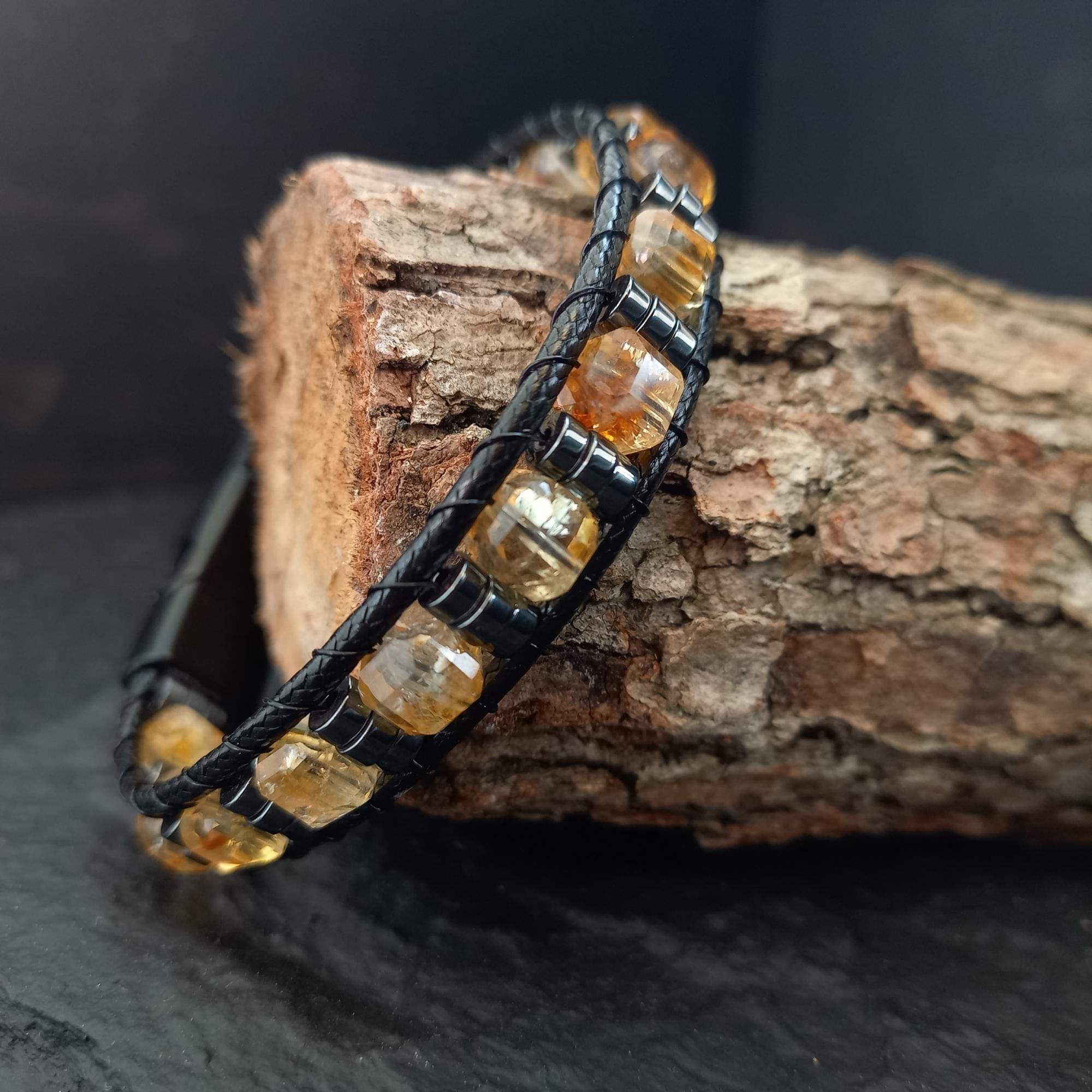 Citrien hematiet armband voor heren – natuurlijke edelsteengenezende sieraden, handgemaakte gele stenen armband