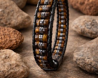 Tiger Eye Bracelet for Men, Leather Wristband with Magnetic Clasp, Natural Stone Minimalist Jewelry