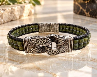 Jade Hematite Bracelet for Men: Handmade Natural Stone Jewelry, Protection Gift for Him