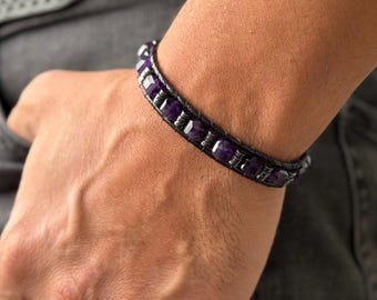 Amethyst Bracelet for Men – Handmade Natural Stone Jewelry – Purple Gemstone Gift