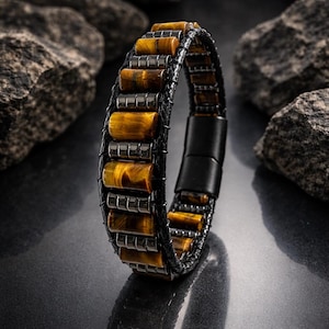 Pulsera de cuero con hematita ojo de tigre – Accesorio para hombre con cuentas de piedra natural