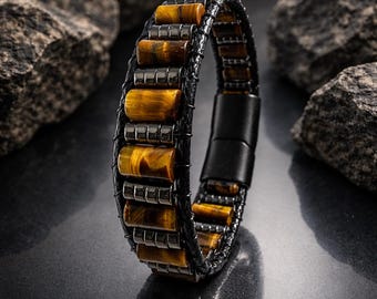 Tiger Eye Hematite Leather Bracelet – Natural Stone Beaded Men's Accessory