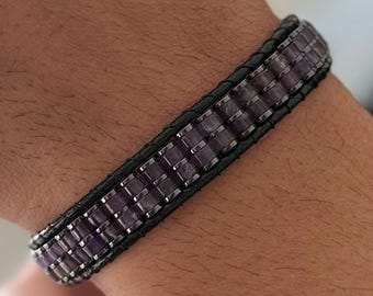 Amethyst Hematite Bracelet for Men – Handmade Natural Stone Purple Crystal Jewelry