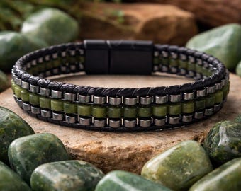 Green Jade Hematite Bracelet for Men, Leather Wristband, Magnetic Clasp, Minimalist Mens Jewelry