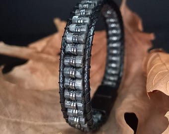 Larvikite Hematite Bracelet for Men – Handmade Leather Natural Stone Jewelry