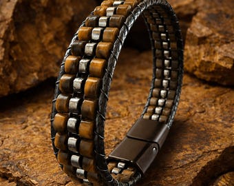 Tiger Eye Hematite Bracelet for Men Handmade Natural Stone Jewelry Gift for Him