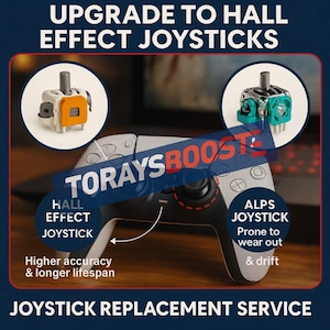 May include: Image promoting joystick replacement service. The image shows a game controller with two circular insets displaying different joystick designs. Text includes "UPGRADE TO HALL EFFECT JOYSTICKS" and "JOYSTICK REPLACEMENT SERVICE."
