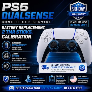 May include: A white and black PS5 DualSense controller service advertisement featuring text for battery replacement, 2 TMR sticks, and calibration. The graphic includes a 90-day warranty badge, icons for technical services, and the slogan Better Control. Better Game. Better You.