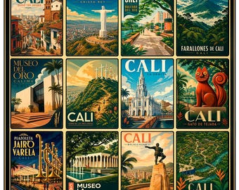 Cali Poster, Colombia Wall Art, Vintage Travel Print, Cali Landmarks Collage, Salsa Capital Decor, Jairo Varela Art, Retro South America