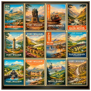 May include: A framed collection of twelve vintage-style travel posters featuring scenic views and landmarks of Fort William, Scotland. Each poster showcases a different location, including Ben Nevis, the Commando Memorial, and the Glenfinnan Viaduct.