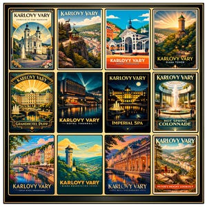 Conjunto de pósteres de Karlovy Vary, arte de la República Checa, arte mural vintage de ciudad balneario, decoración del Grandhotel Pupp, arte de la columnata del molino, póster retro de la República Checa