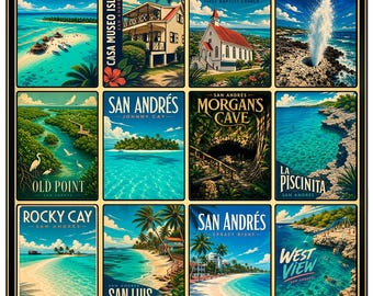 San Andres Poster, Colombia Wall Art, Vintage Travel Print, San Andres Landmarks Collage, Caribbean Island Decor, Johnny Cay Beach Print