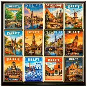Delft Netherlands Poster, Nieuwe Kerk Wall Art, Vermeer Centrum Print, Vintage Travel Illustration, City Hall Decor, Royal Delft Museum Art