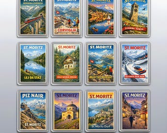 Retro St Moritz Switzerland Fridge Magnet with Bernina Express & Leaning Tower, Holiday Travel Gift