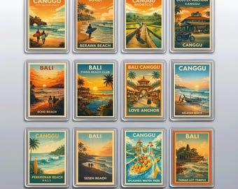 Canggu Fridge Magnets Set, Indonesia Travel Souvenir and Tanah Lot Temple Decor