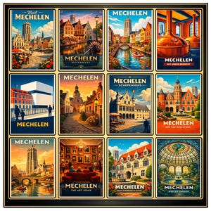 May include: A collection of twelve vintage-style travel posters featuring scenes from Mechelen, Belgium. Each poster showcases a different landmark or attraction, including churches, canals, and historical buildings. The posters are framed in a black border.