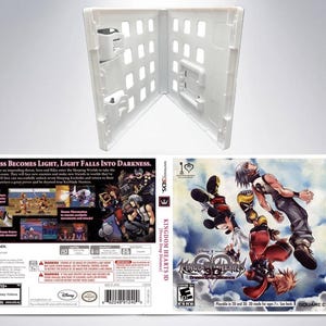 May include: A white Nintendo 3DS game case for Kingdom Hearts 3D: Dream Drop Distance. The front of the case features a colorful illustration of Sora, Riku, and Mickey Mouse against a blue sky background. The back of the case features a description of the game and a rating of E for Everyone.