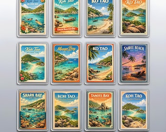 Vintage Koh Tao Fridge Magnets, Koh Nang Yuan and Sairee Beach Tropical Kitchen Decor