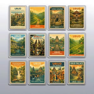 Vintage Ubud Fridge Magnets Set, Bali Travel Souvenir and Rice Terrace Kitchen Decor