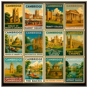 Cambridge Poster, England Wall Art, King's College Chapel Print, Vintage Travel Illustration, Mathematical Bridge Decor, River Cam Punting