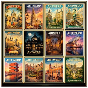 May include: A framed collection of twelve vintage-style travel posters featuring landmarks and scenes from Antwerp, Belgium. Each poster showcases a different location, including the zoo, cathedral, and port house, with the city name prominently displayed.