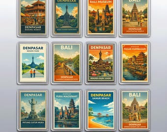 Vintage Denpasar Fridge Magnets Set, Bali Travel Souvenir and Monument Kitchen Decor