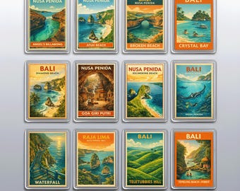 Retro Bali Fridge Magnets, Nusa Penida Travel Souvenir and Diamond Beach Kitchen Decor