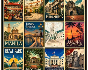 Manila Poster, Philippines Wall Art, Vintage Travel Print, Intramuros Manila Collage, Retro Asia Decor, Manila Cathedral Art