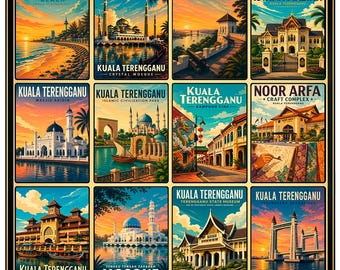 Kuala Terengganu Poster, Malaysia Wall Art, Vintage Travel Print, Crystal Mosque Collage, Retro Asia Decor, Terengganu City Print