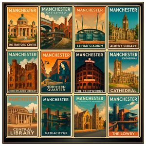 May include: A collection of twelve vintage-style travel posters featuring landmarks and locations in Manchester, England. Each poster has a unique illustration and the name of the location. The posters are arranged in a grid and framed in black.