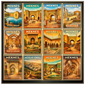 Peut inclure: Une impression encadrée présentant douze affiches de voyage vintage de Meknès, au Maroc. Chaque affiche met en valeur un monument différent, comme le Mausolée de Moulay Ismaïl. Les affiches ont une esthétique vintage avec des couleurs vives.