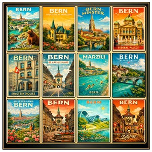 Puede incluir: Un conjunto enmarcado de carteles de viaje vintage que representan escenas de Berna, Suiza. Cada cartel muestra un hito o atracción diferente, como Bear Park, Einstein House y el Palacio Federal. Los carteles tienen una estética retro con colores vibrantes.