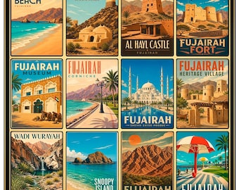 Fujairah Poster, UAE Wall Art, Vintage Travel Print, Snoopy Island Beach, Retro Middle East Decor, Fujairah Landmarks Collage, Ocean Print