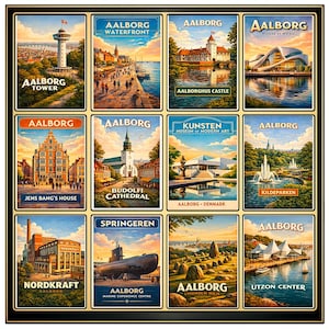 May include: A collection of twelve vintage-style travel posters featuring landmarks and attractions in Aalborg, Denmark. Each poster showcases a different location, including the Aalborg Tower, Waterfront, and House of Music. The posters are framed in black.