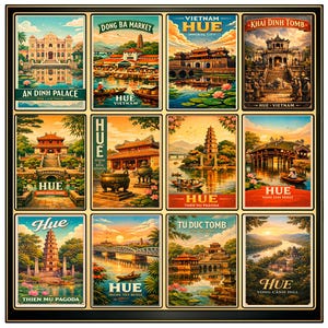 May include: A framed collection of twelve vintage-style travel posters featuring landmarks and scenes from Hue, Vietnam. Each poster showcases a different location, including palaces, markets, and bridges, with vibrant colors and detailed illustrations.