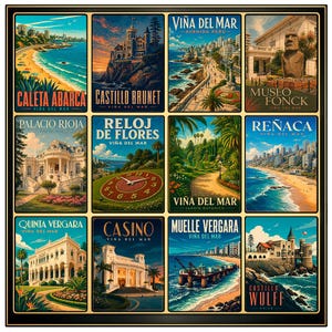 May include: A framed collection of twelve vintage-style travel posters featuring scenes from Viña del Mar, Chile. Each poster showcases landmarks like Caleta Abarca, Castillo Brunet, and the Casino, with vibrant colors and detailed illustrations.