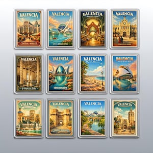 May include: A collection of twelve rectangular magnets featuring colourful illustrations of Valencia landmarks, including the Central Market, City of Arts and Sciences, Mercado Colon, Estacio del Nord, La Lonja de la Seda, L'Oceanografic, and the Cathedral.