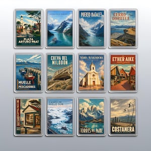 May include: A set of twelve rectangular magnets featuring vintage-style travel illustrations of Puerto Natales, Chile. Each magnet displays a unique landmark or landscape, including Plaza Arturo Prat, Cueva del Milodón, and Torres del Paine, with bold text labels identifying each specific location.