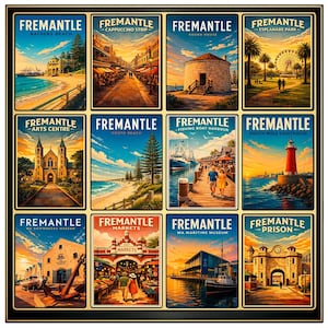 May include: A framed collection of twelve vintage travel posters depicting scenes from Fremantle, Australia. Each poster highlights a different landmark or attraction, such as beaches, buildings, and the harbour. The posters are arranged in a grid with a black border.