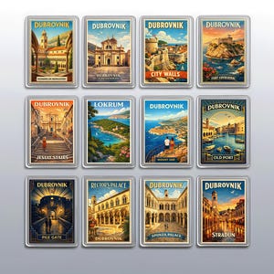 May include: A set of twelve rectangular magnets featuring vintage-style travel illustrations of Dubrovnik landmarks including the Dominican Monastery, Cathedral, City Walls, Fort Lovrijenac, Jesuit Stairs, Lokrum, Mount Srd, Old Port, Pile Gate, Rector's Palace, Sponza Palace, and Stradun.