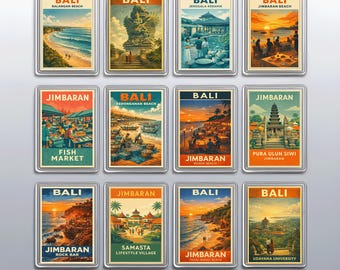 Jimbaran Fridge Magnets Set, Indonesia Travel Souvenir and Rock Bar Kitchen Decor