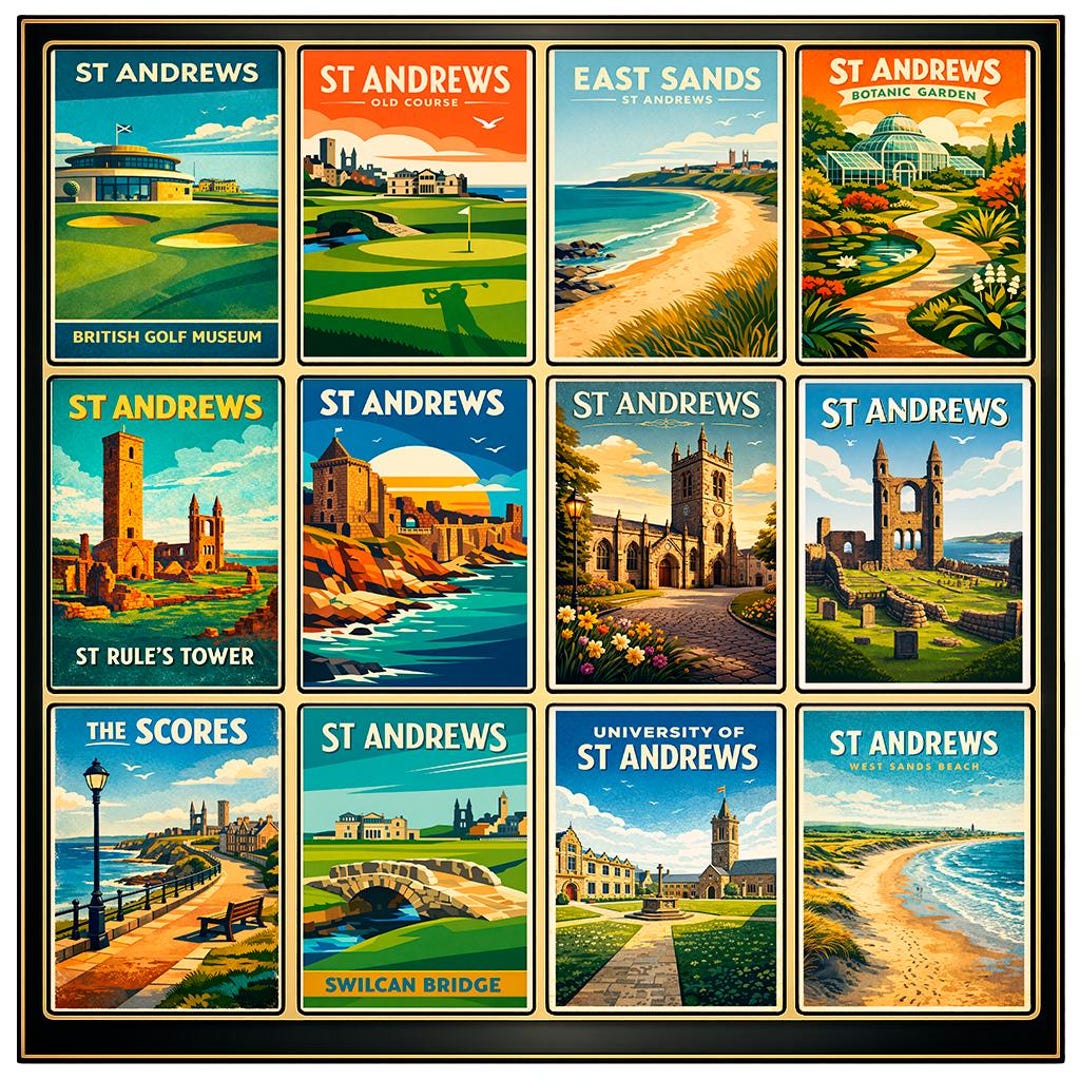 St Andrews Poster Set, Scotland Travel Print, Vintage St Andrews Wall ...
